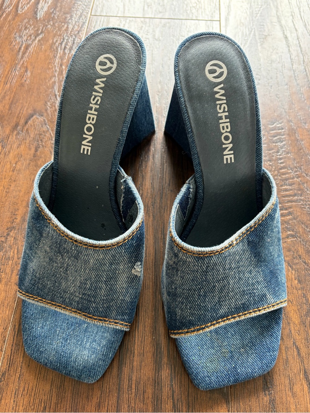 Wishbone Denim Open-Toe Mule Heels